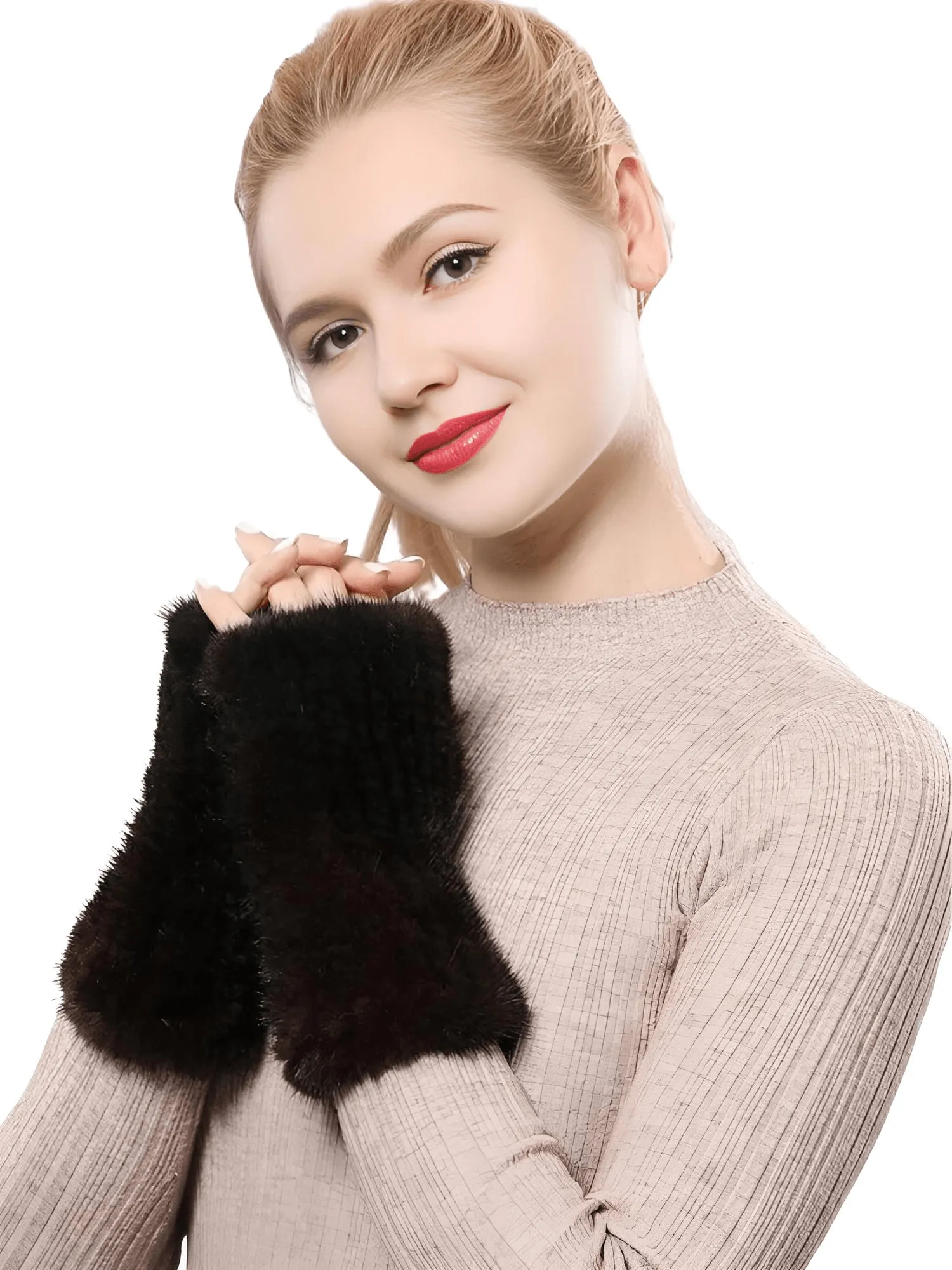 100% Real Genuine Mink Fur Fingerless Mittens For Women