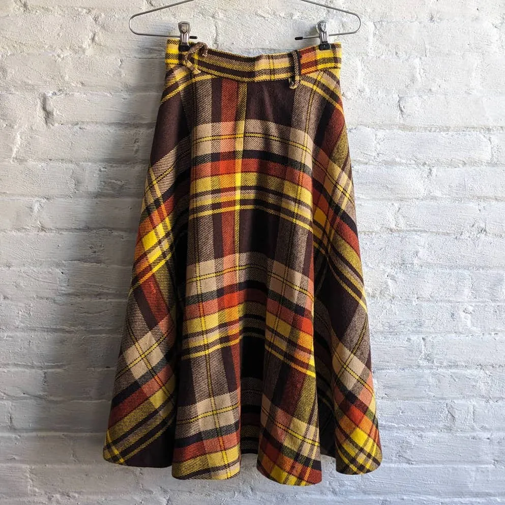 70s Vintage Groovy Plaid Flannel Midi Skirt Western Flared Grunge Cowgirl Skirt