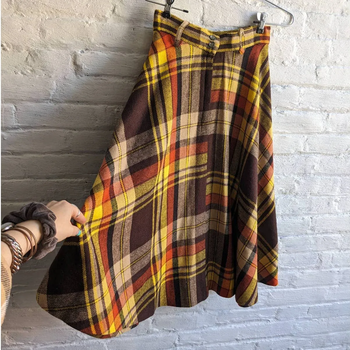 70s Vintage Groovy Plaid Flannel Midi Skirt Western Flared Grunge Cowgirl Skirt