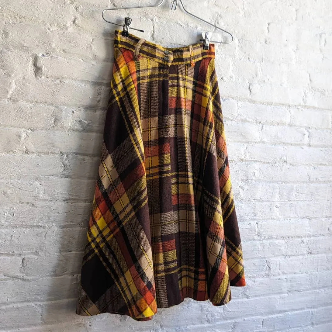 70s Vintage Groovy Plaid Flannel Midi Skirt Western Flared Grunge Cowgirl Skirt