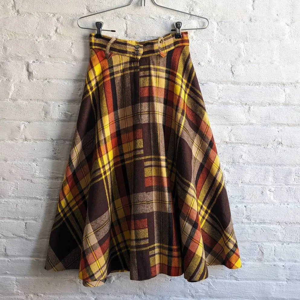 70s Vintage Groovy Plaid Flannel Midi Skirt Western Flared Grunge Cowgirl Skirt