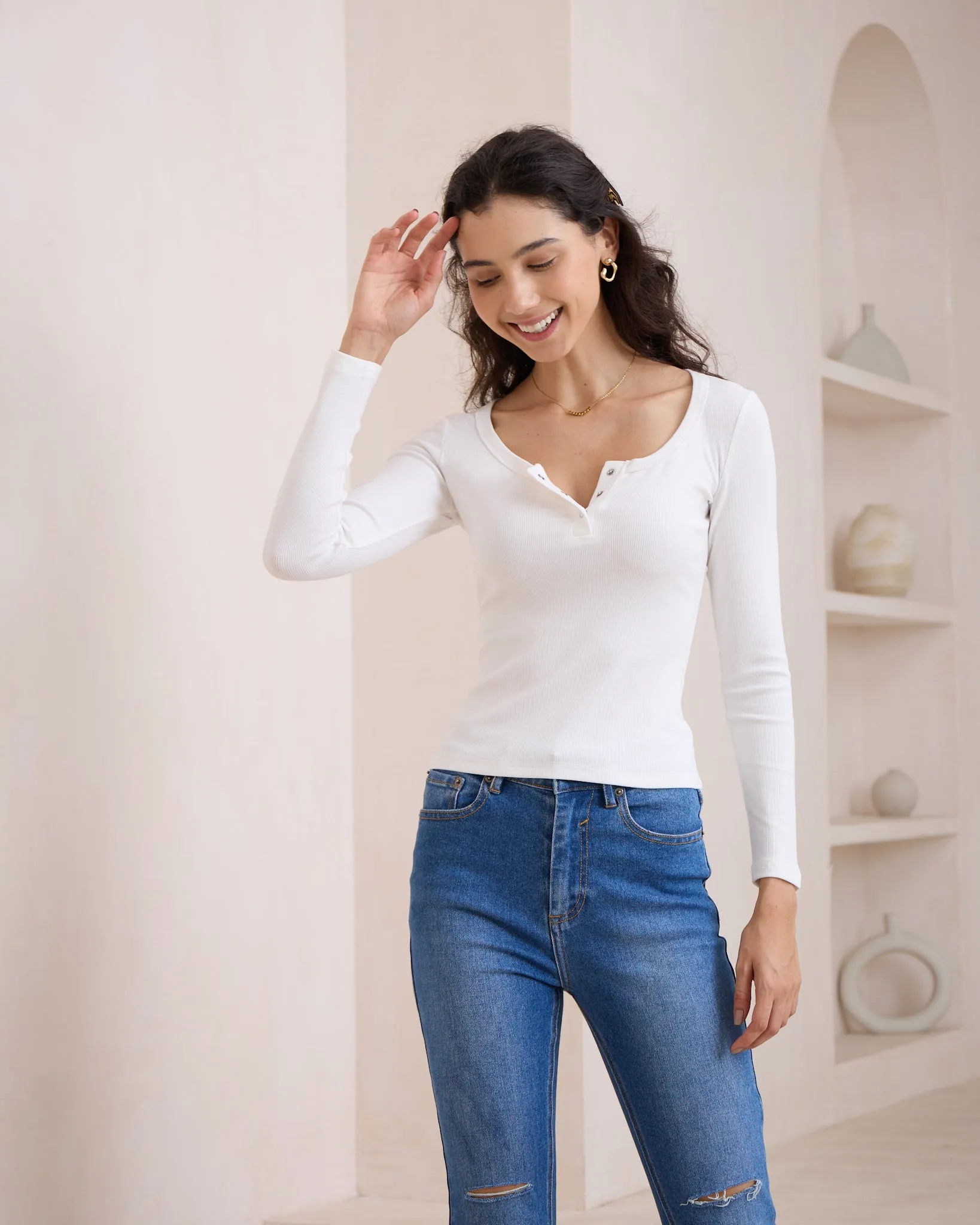 Ada White Ribbed Long Sleeve Top