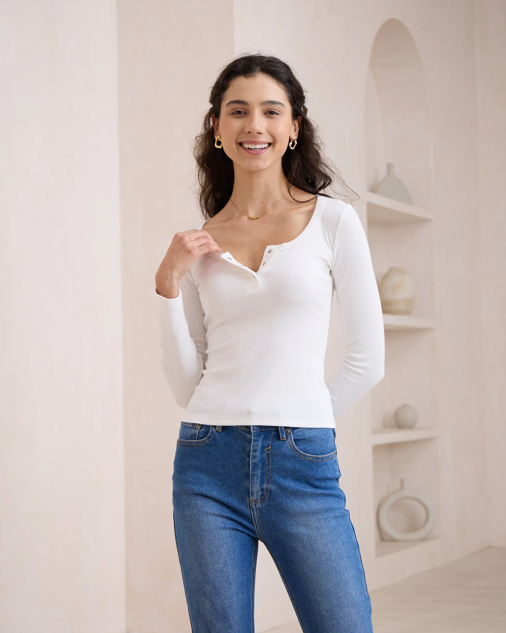 Ada White Ribbed Long Sleeve Top