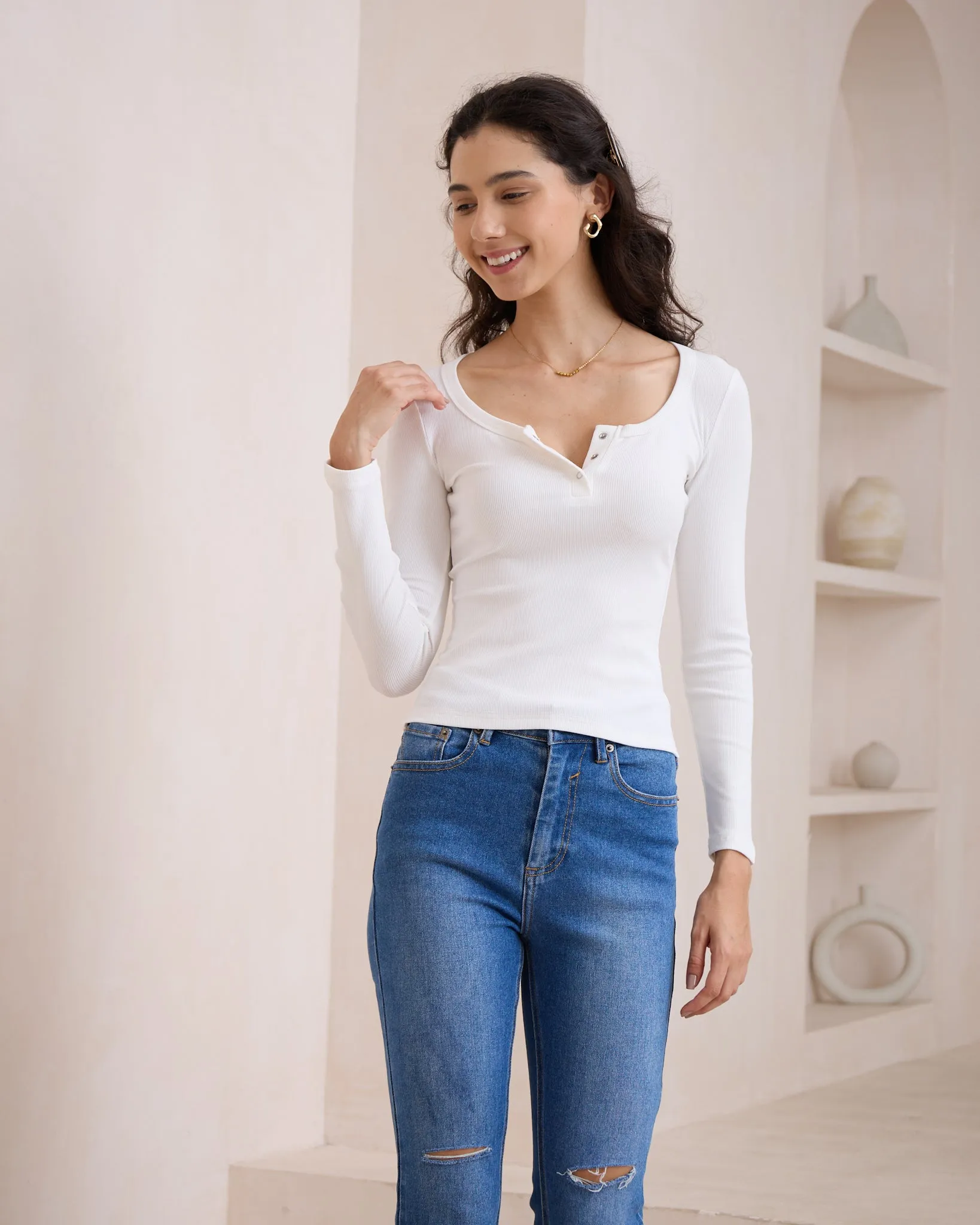 Ada White Ribbed Long Sleeve Top