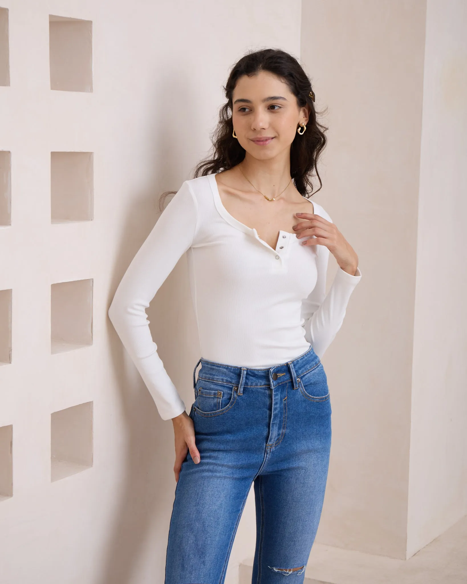 Ada White Ribbed Long Sleeve Top