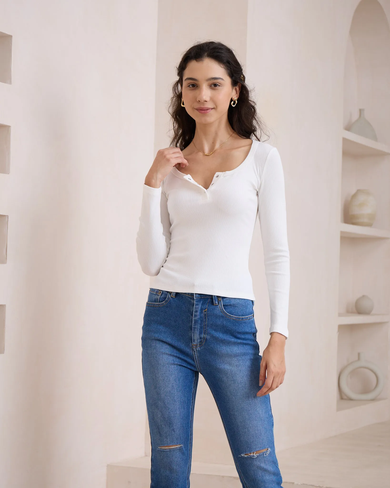 Ada White Ribbed Long Sleeve Top