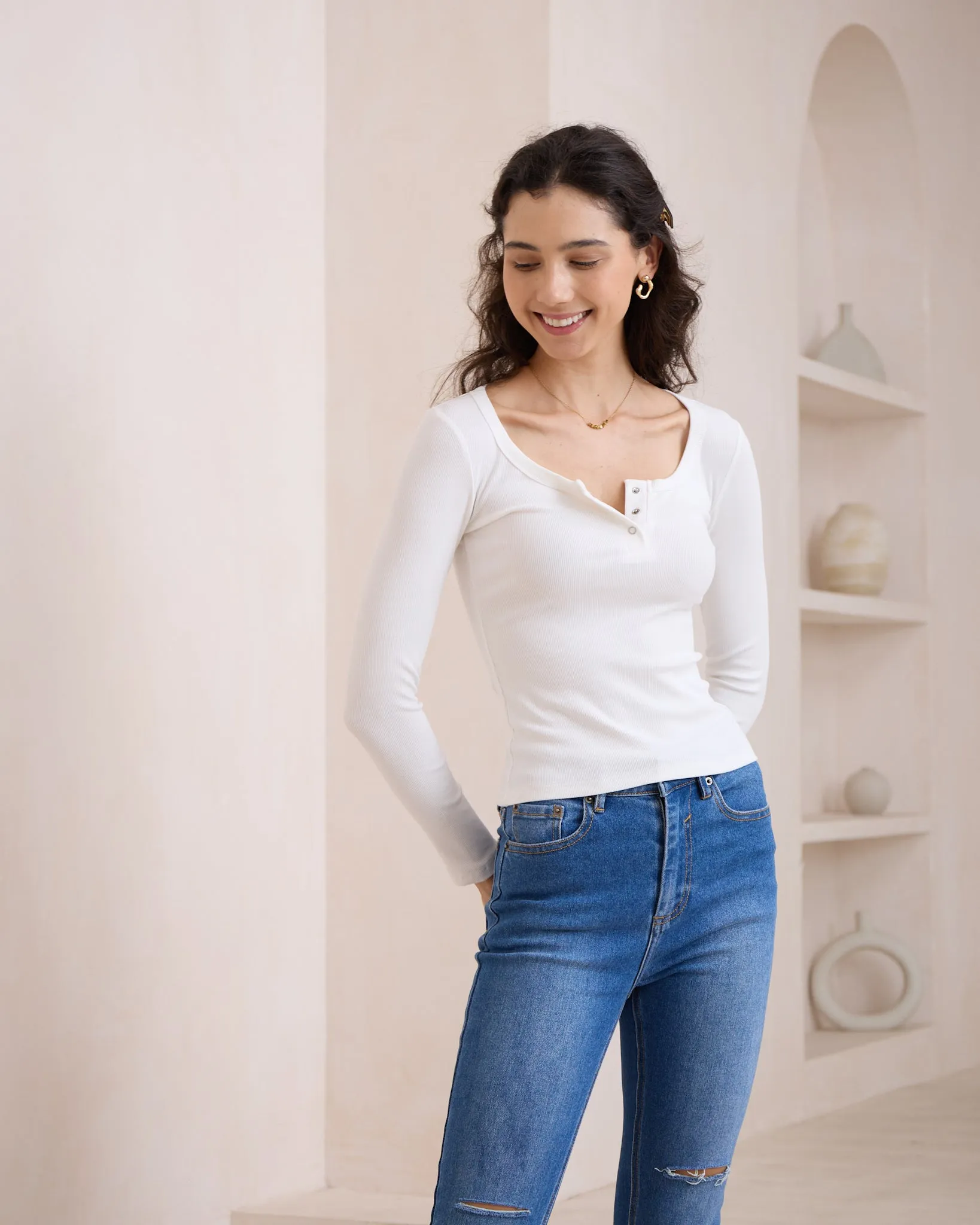 Ada White Ribbed Long Sleeve Top