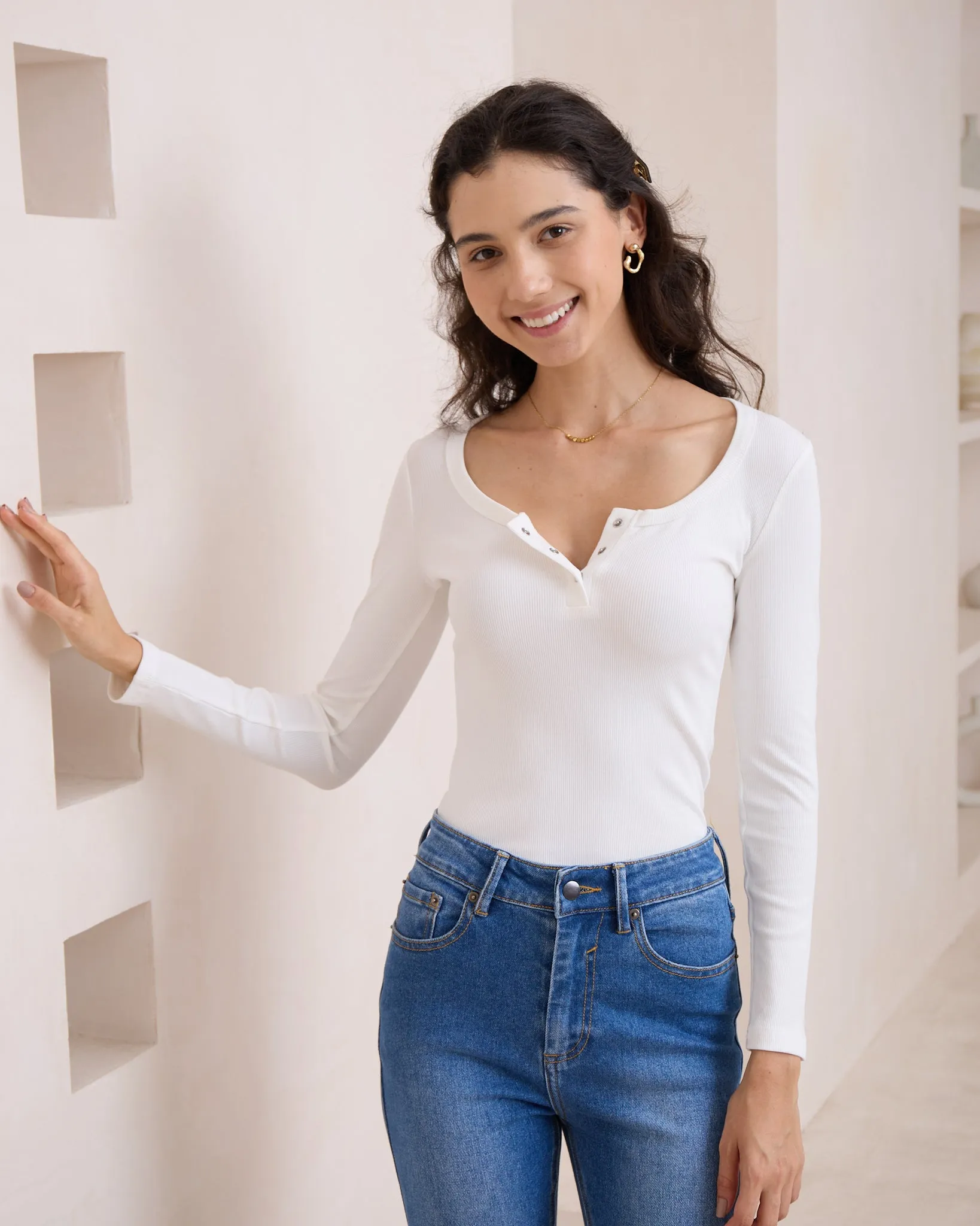 Ada White Ribbed Long Sleeve Top