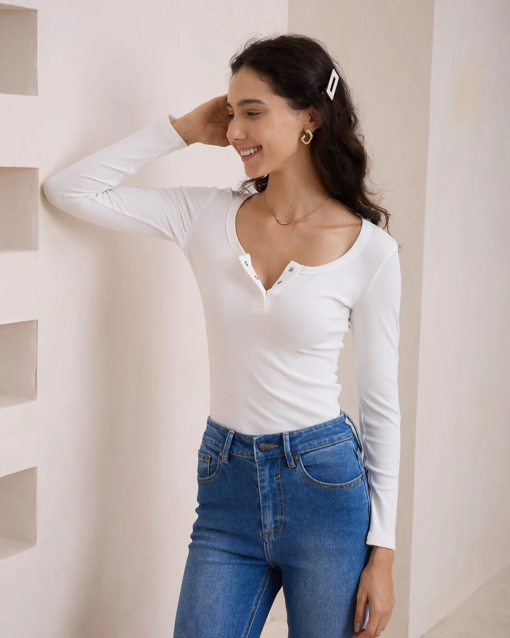 Ada White Ribbed Long Sleeve Top