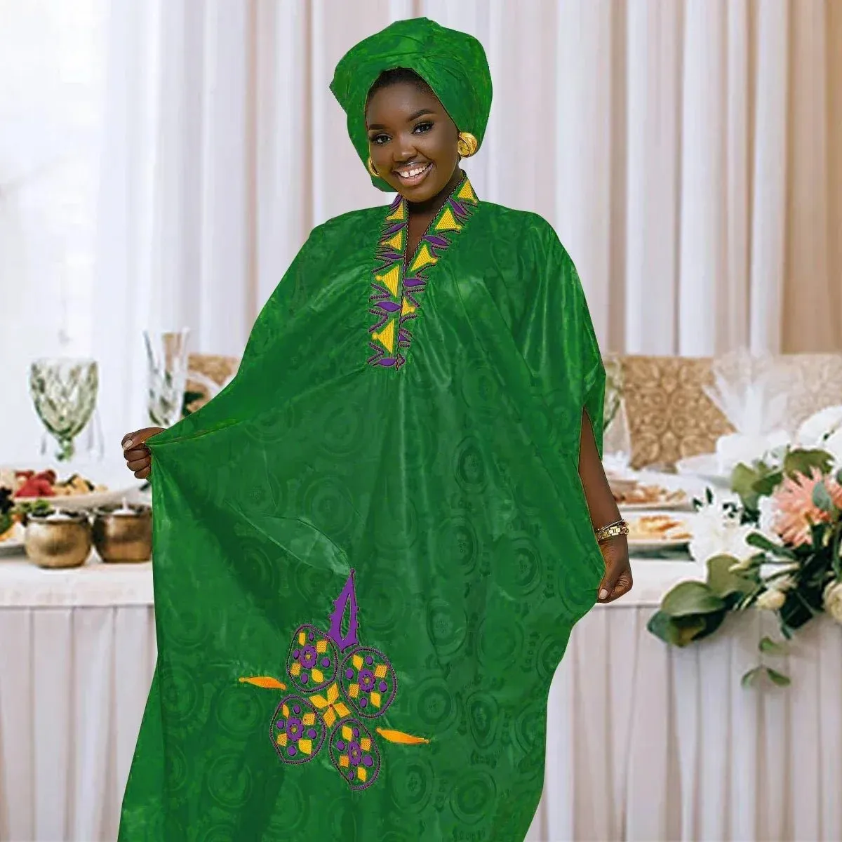 African Dress For Woman Bazin Riche Embroidery Design Floor Length Dress With Scarf