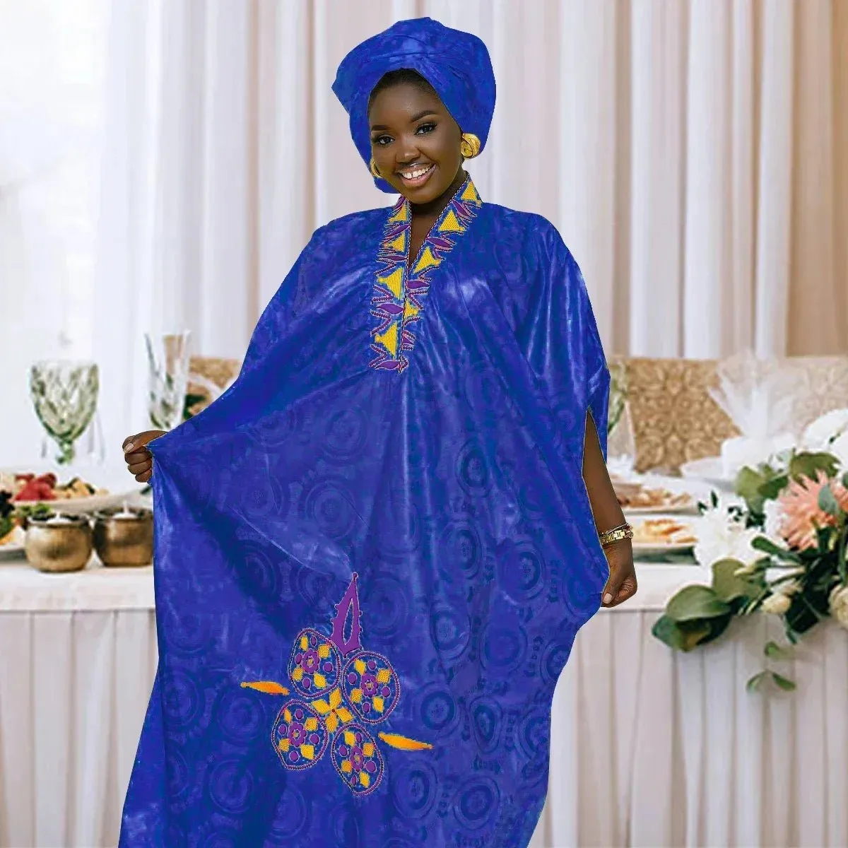 African Dress For Woman Bazin Riche Embroidery Design Floor Length Dress With Scarf