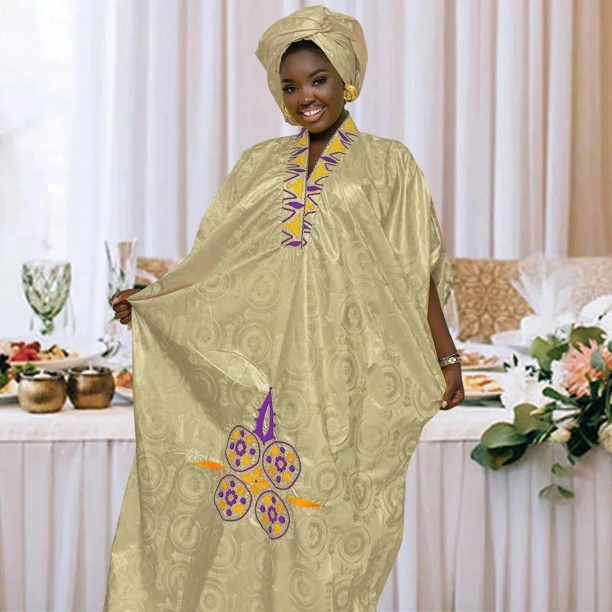 African Dress For Woman Bazin Riche Embroidery Design Floor Length Dress With Scarf