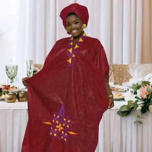 African Dress For Woman Bazin Riche Embroidery Design Floor Length Dress With Scarf