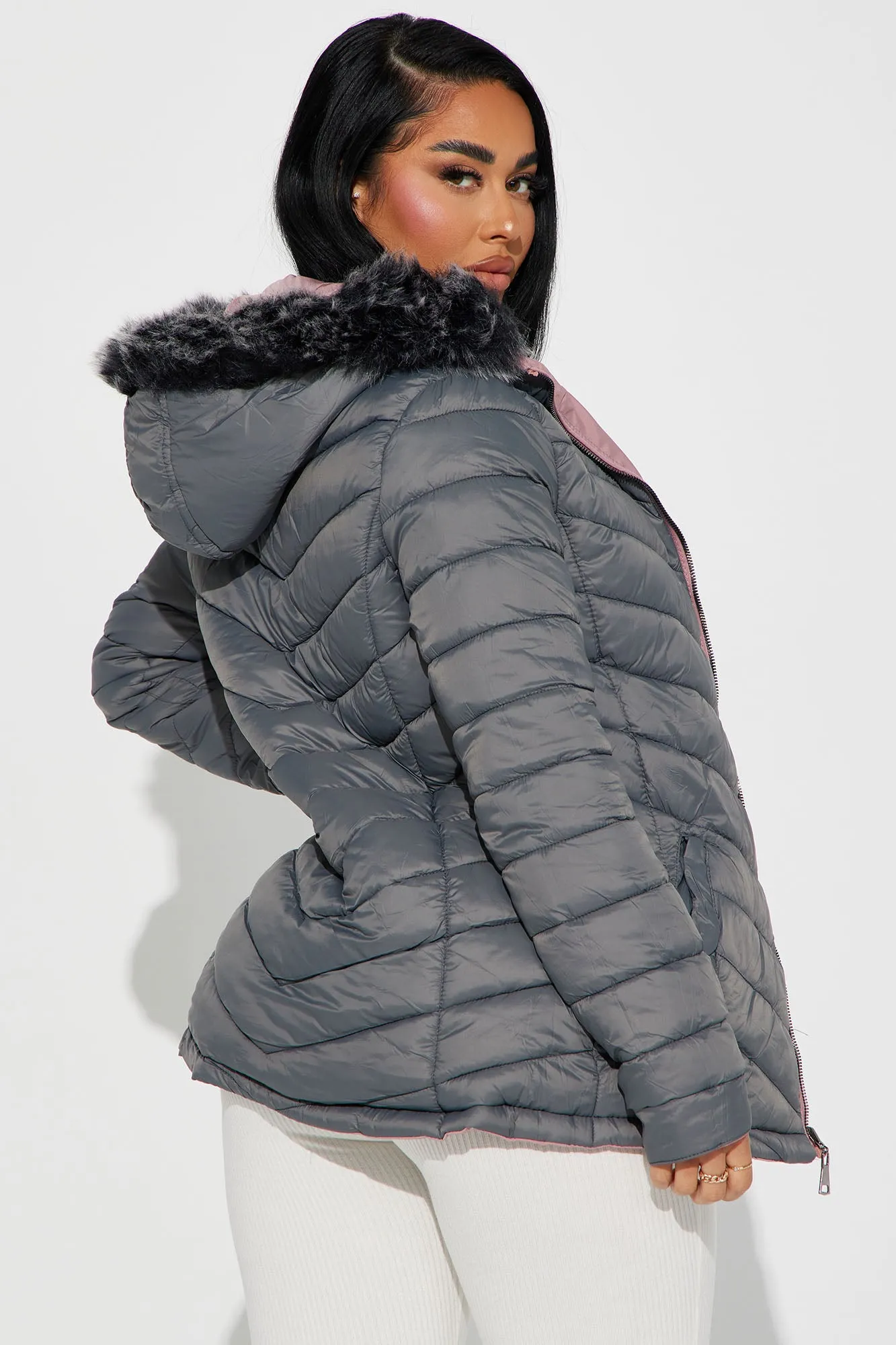 Anabelle Reversible Long Puffer Jacket - Mauve/combo