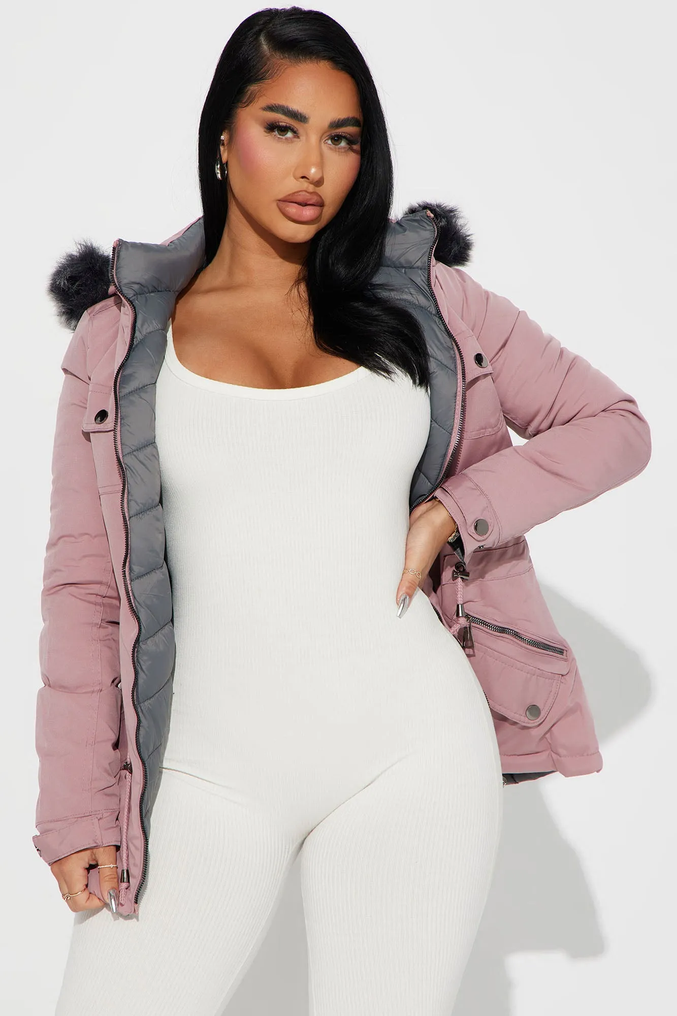 Anabelle Reversible Long Puffer Jacket - Mauve/combo