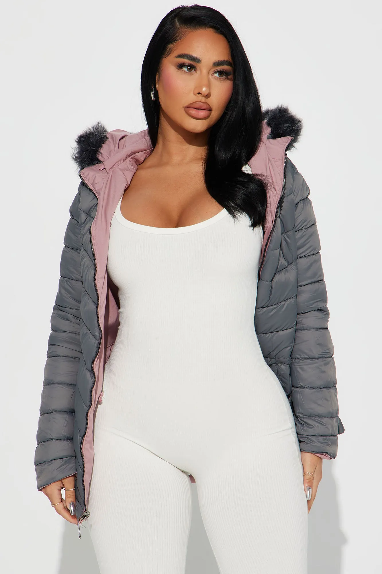 Anabelle Reversible Long Puffer Jacket - Mauve/combo