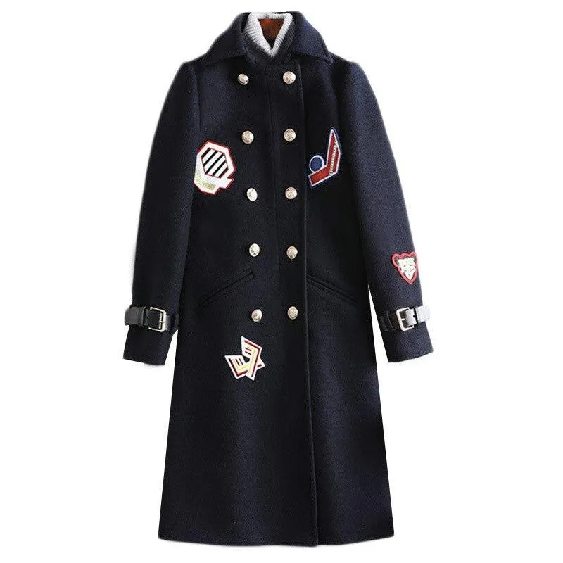 Badge Embroidered Woolen Coat For Women