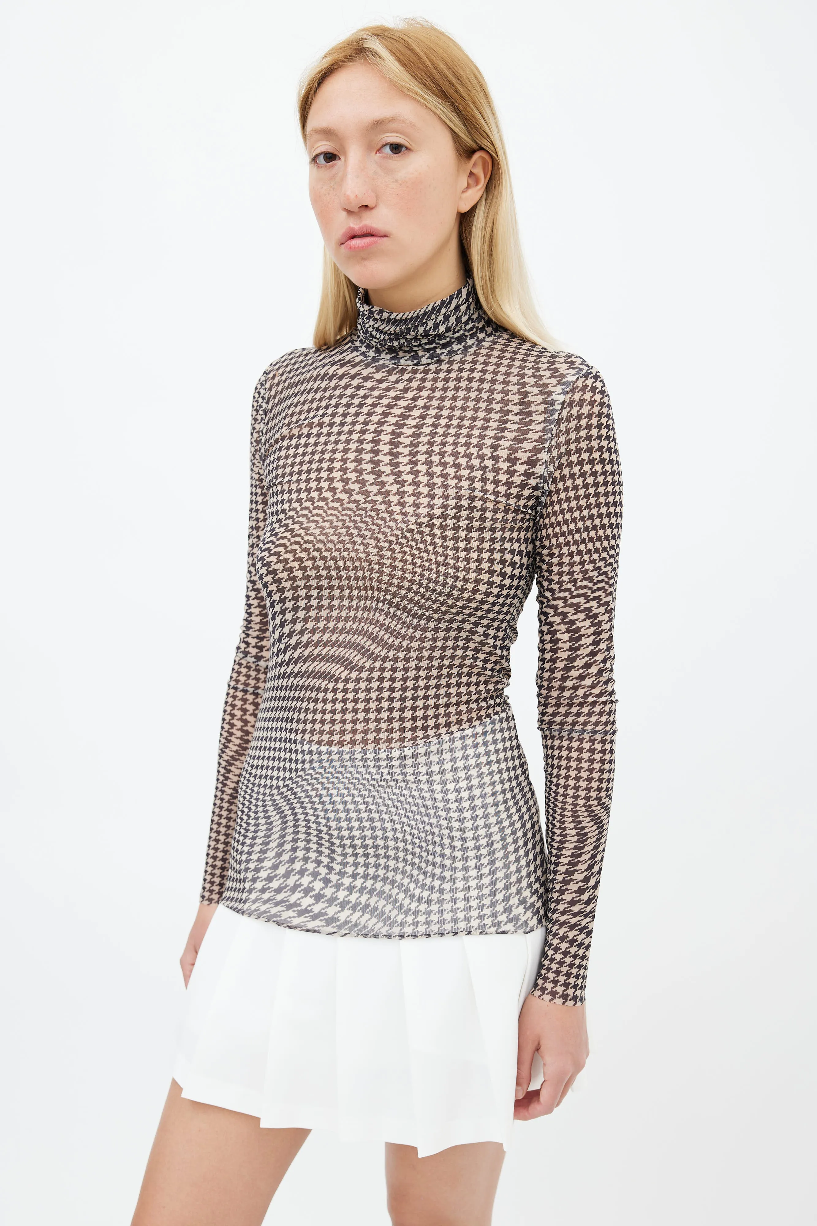 Black & Cream Houndstooth Pattern Long Sleeve Turtleneck