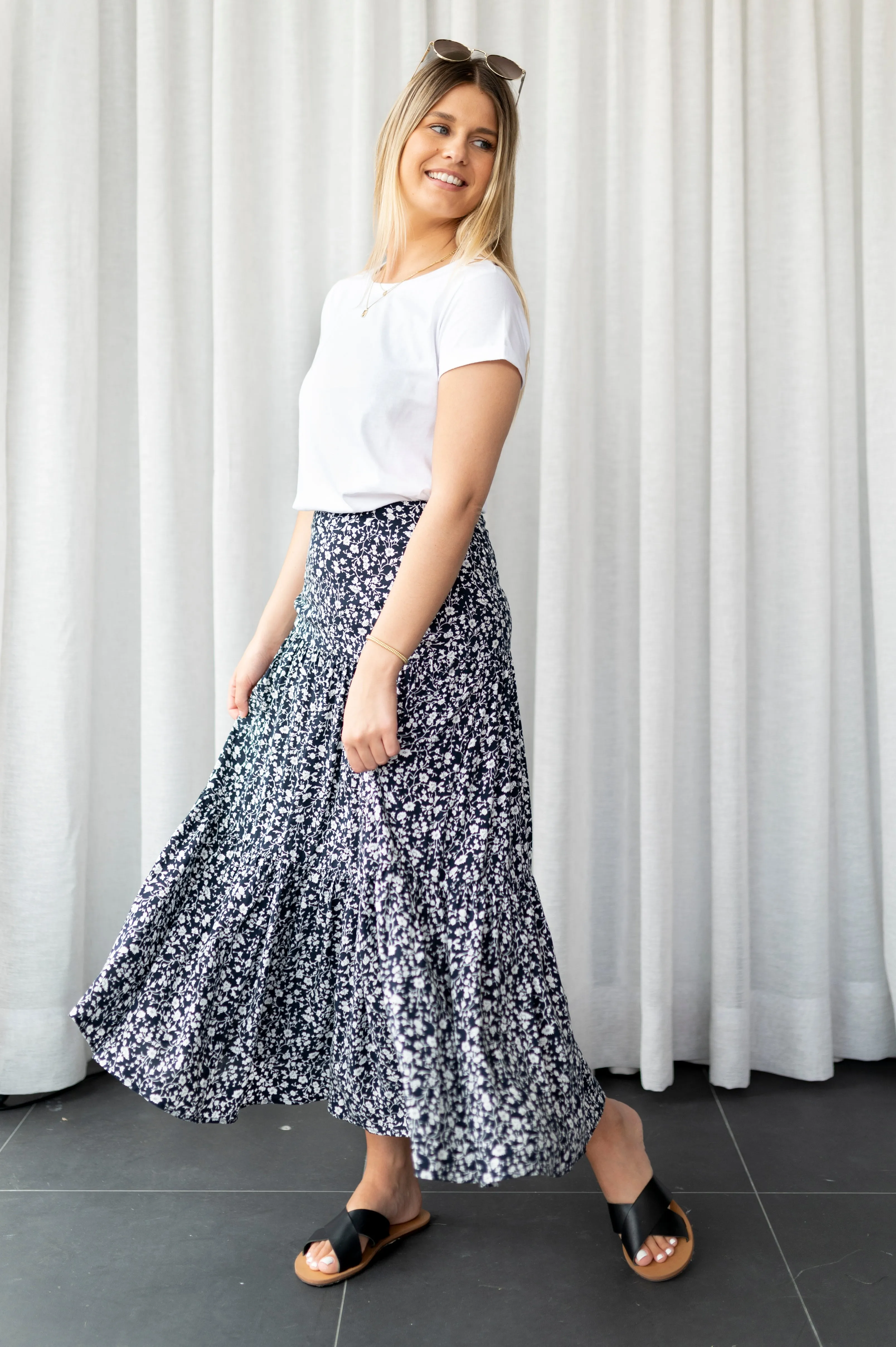 Blazing Navy Floral Vines Tiered Midi Skirt