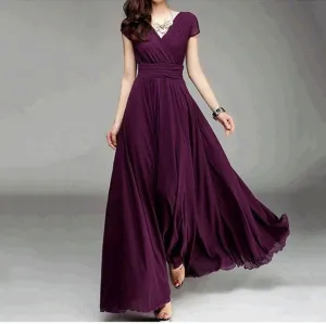 Bohemian Pure Color Short Sleeves V-neck Long Dress