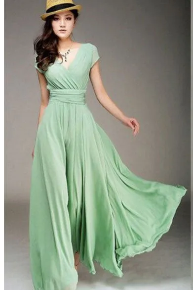 Bohemian Pure Color Short Sleeves V-neck Long Dress