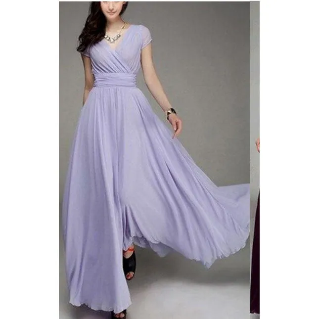 Bohemian Pure Color Short Sleeves V-neck Long Dress