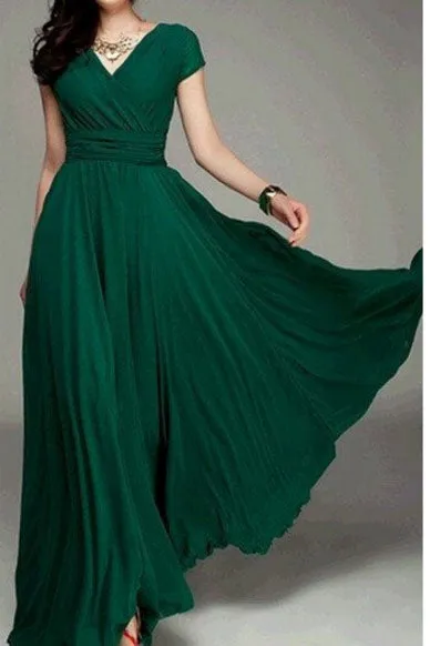 Bohemian Pure Color Short Sleeves V-neck Long Dress