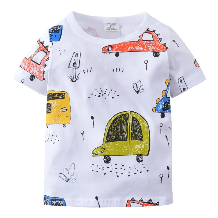 Car Print Short-Sleeved Cotton T-Shirt