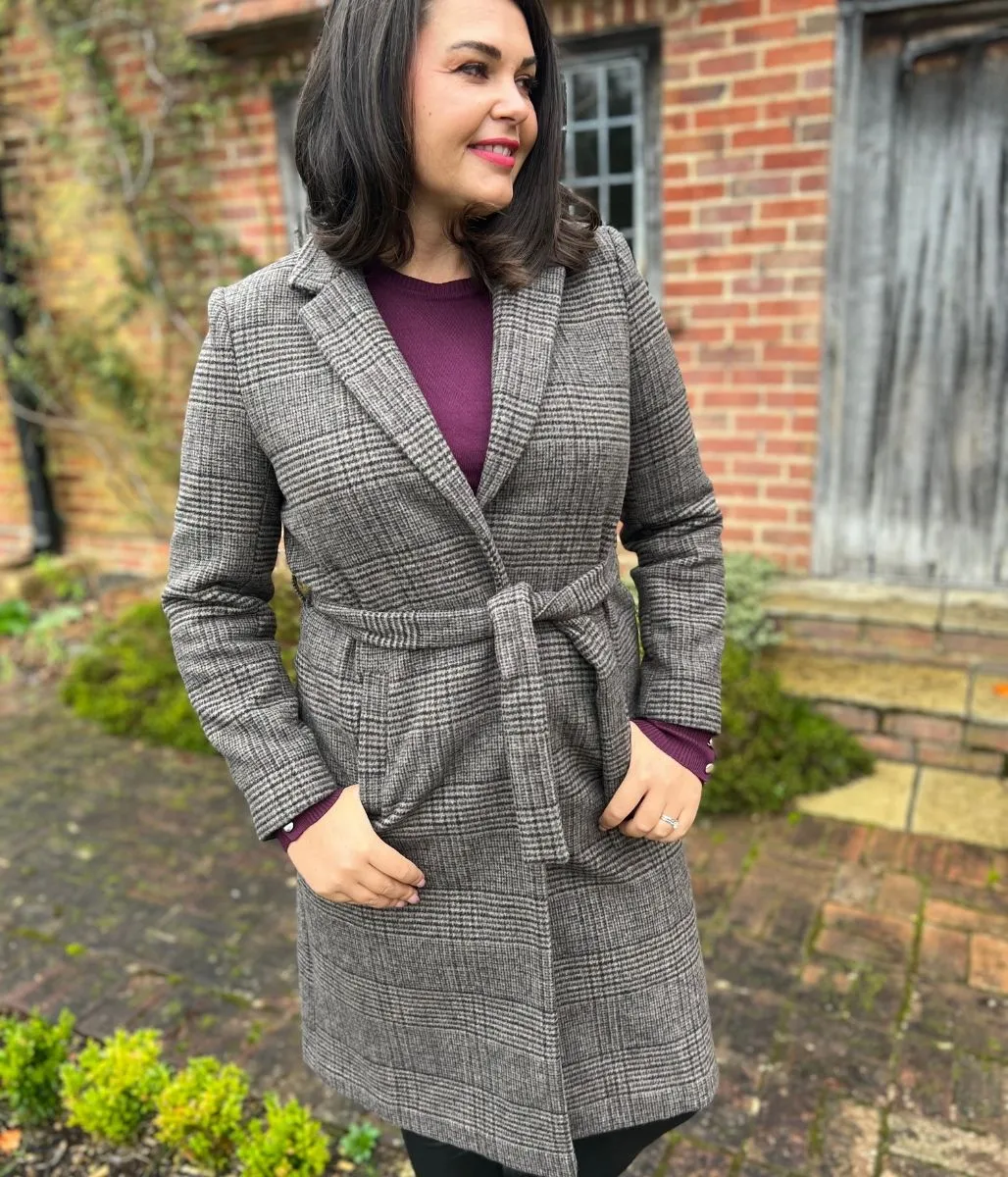 Checked Wool Blend Belted Coat