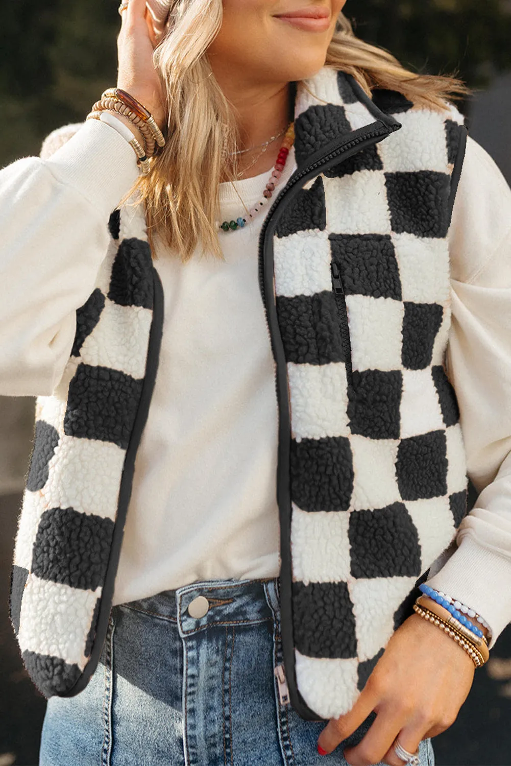 Checkered Sherpa Collared Jacket Vest