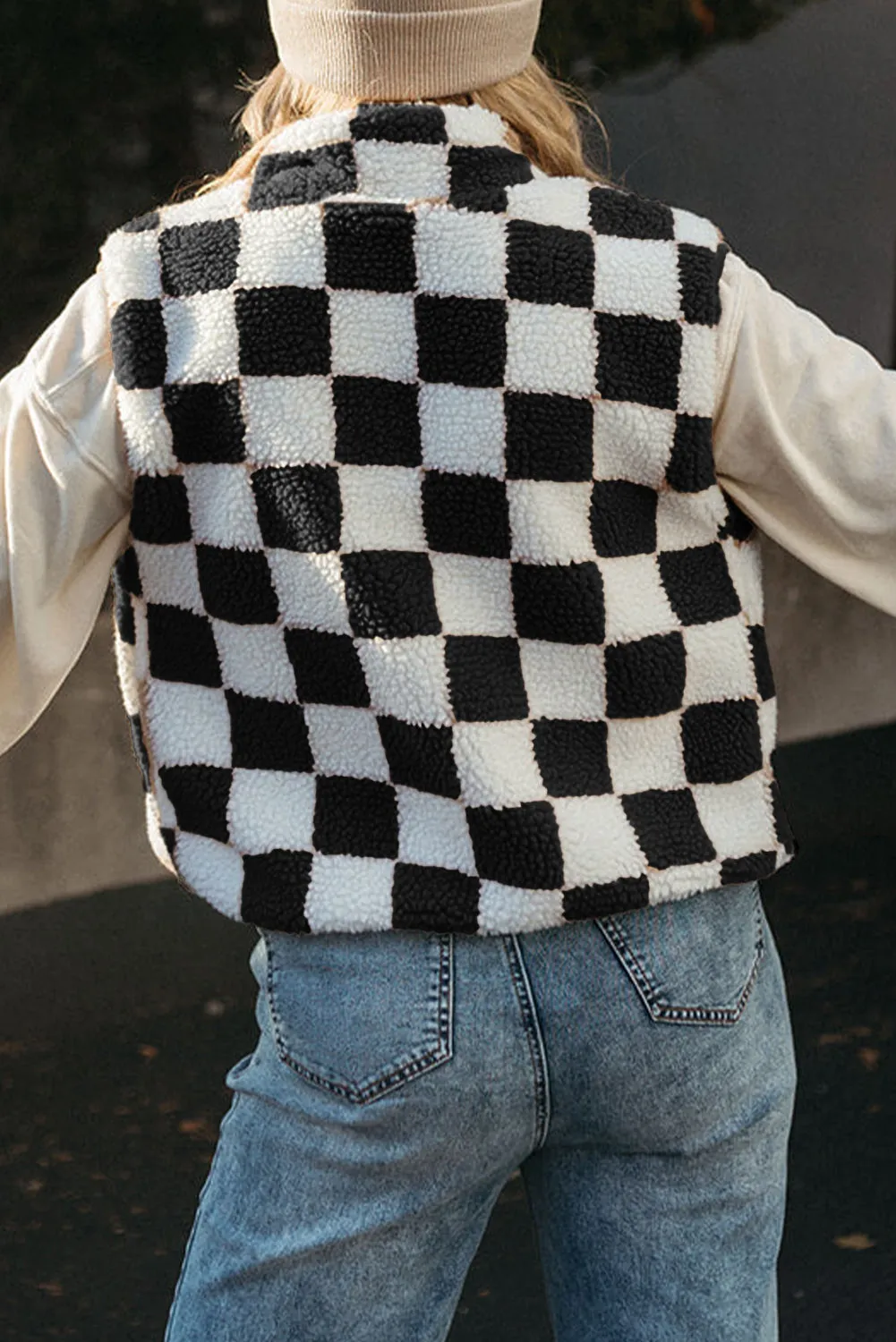 Checkered Sherpa Collared Jacket Vest