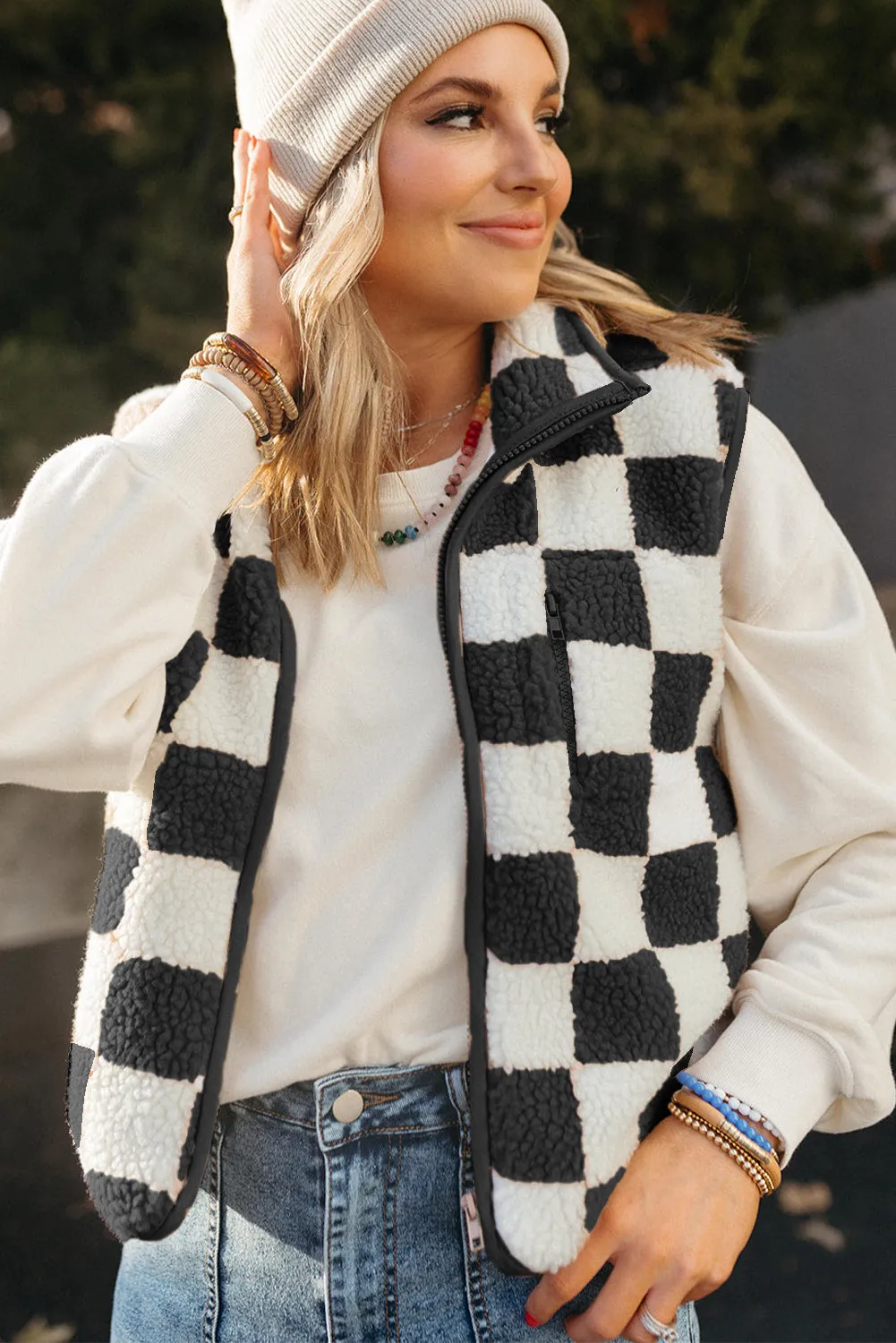 Checkered Sherpa Collared Jacket Vest