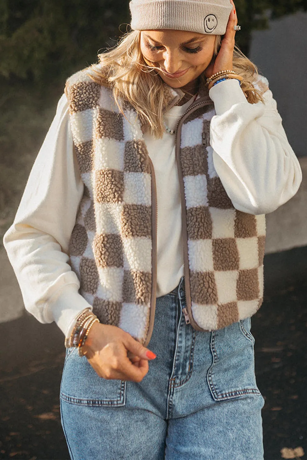 Checkered Sherpa Collared Jacket Vest