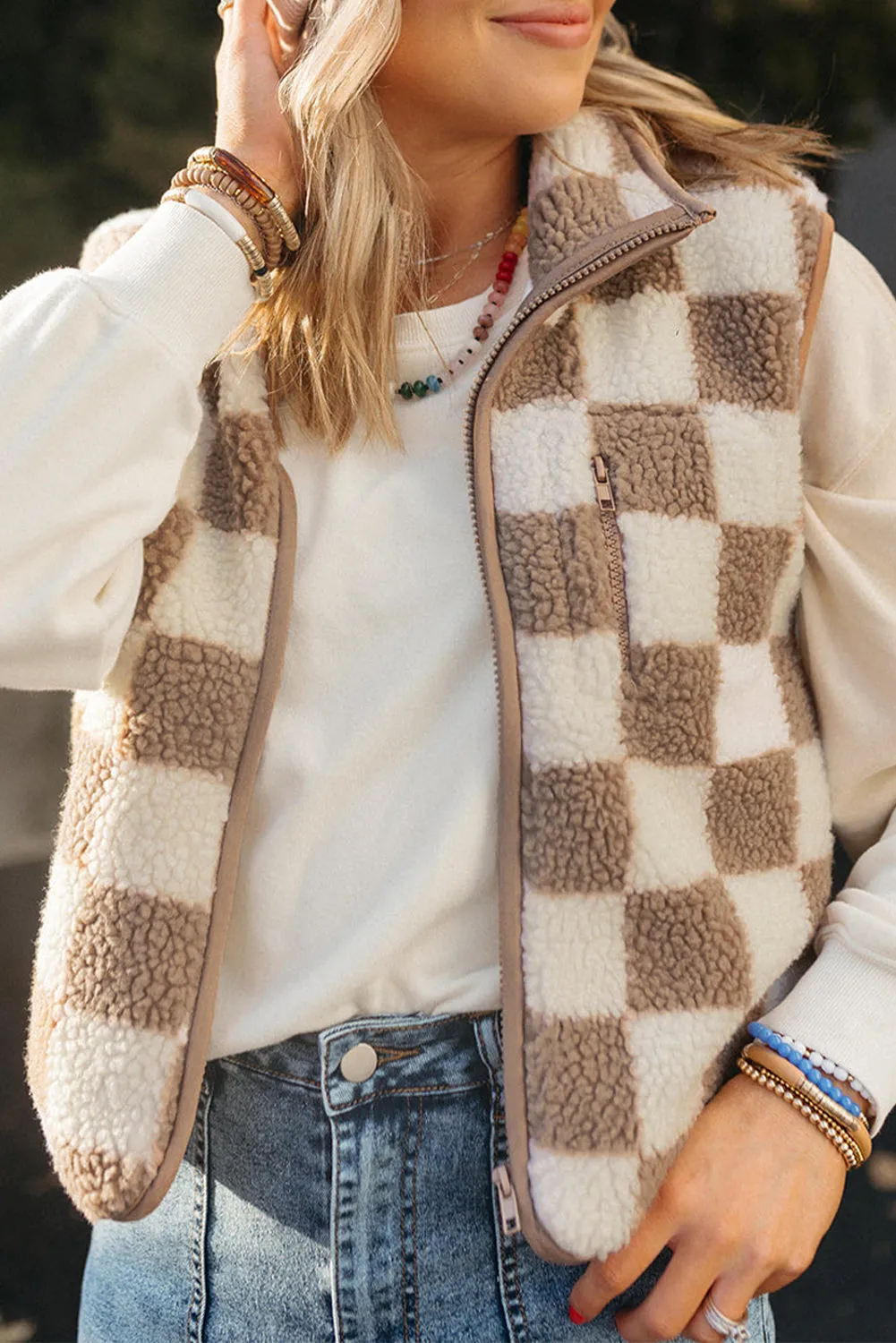 Checkered Sherpa Collared Jacket Vest