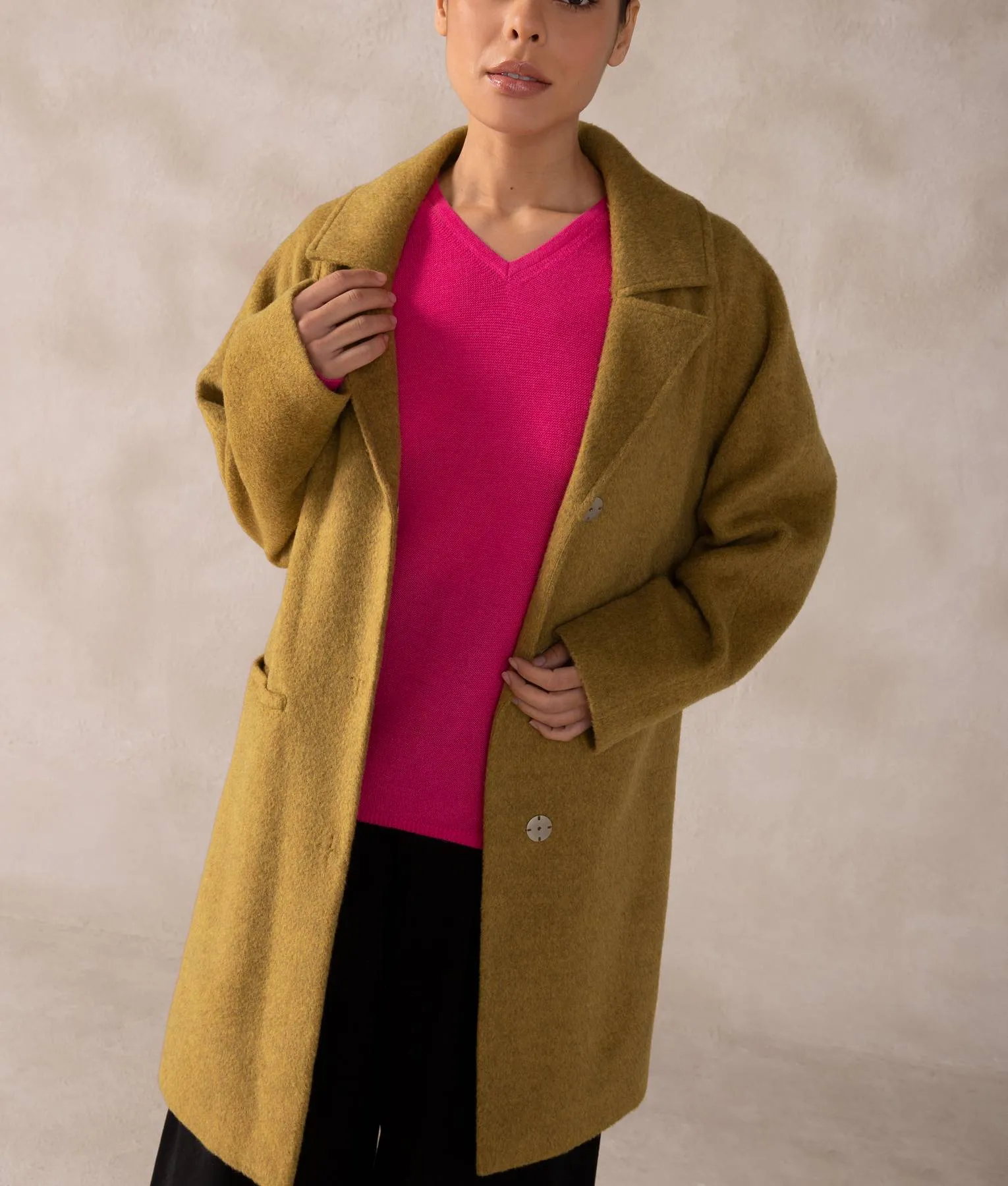 Curved Yoke Long Baby Alpaca & Wool Overcoat