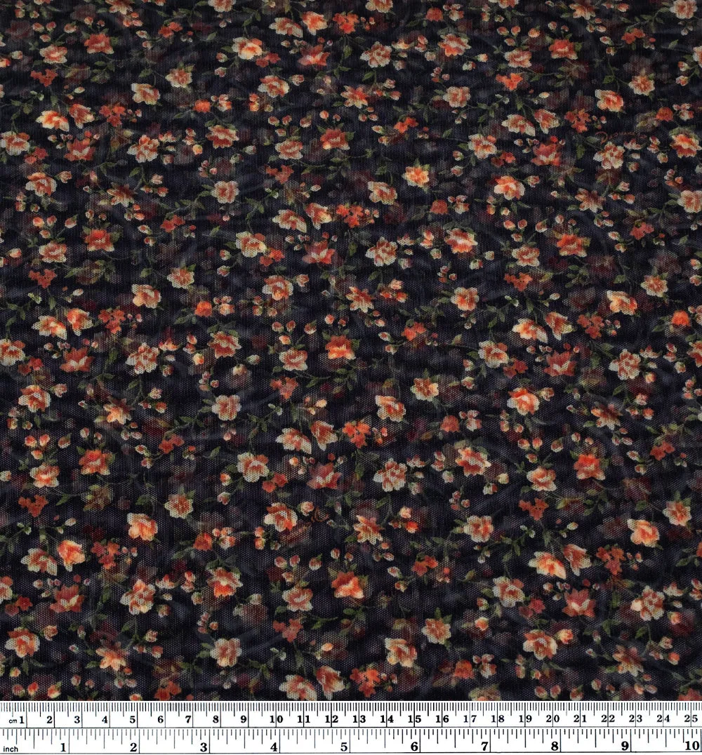 Deadstock Flourishing Buds Printed Mesh - Black/Coral