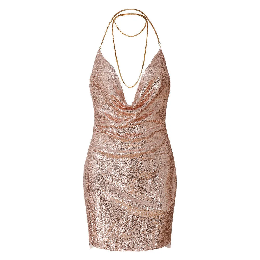 Deep V-neck Sequins Halter Backless Short Shinning Dress