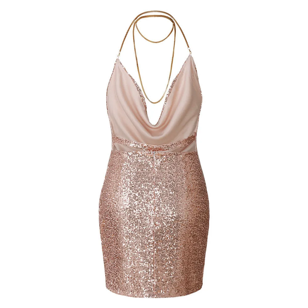 Deep V-neck Sequins Halter Backless Short Shinning Dress