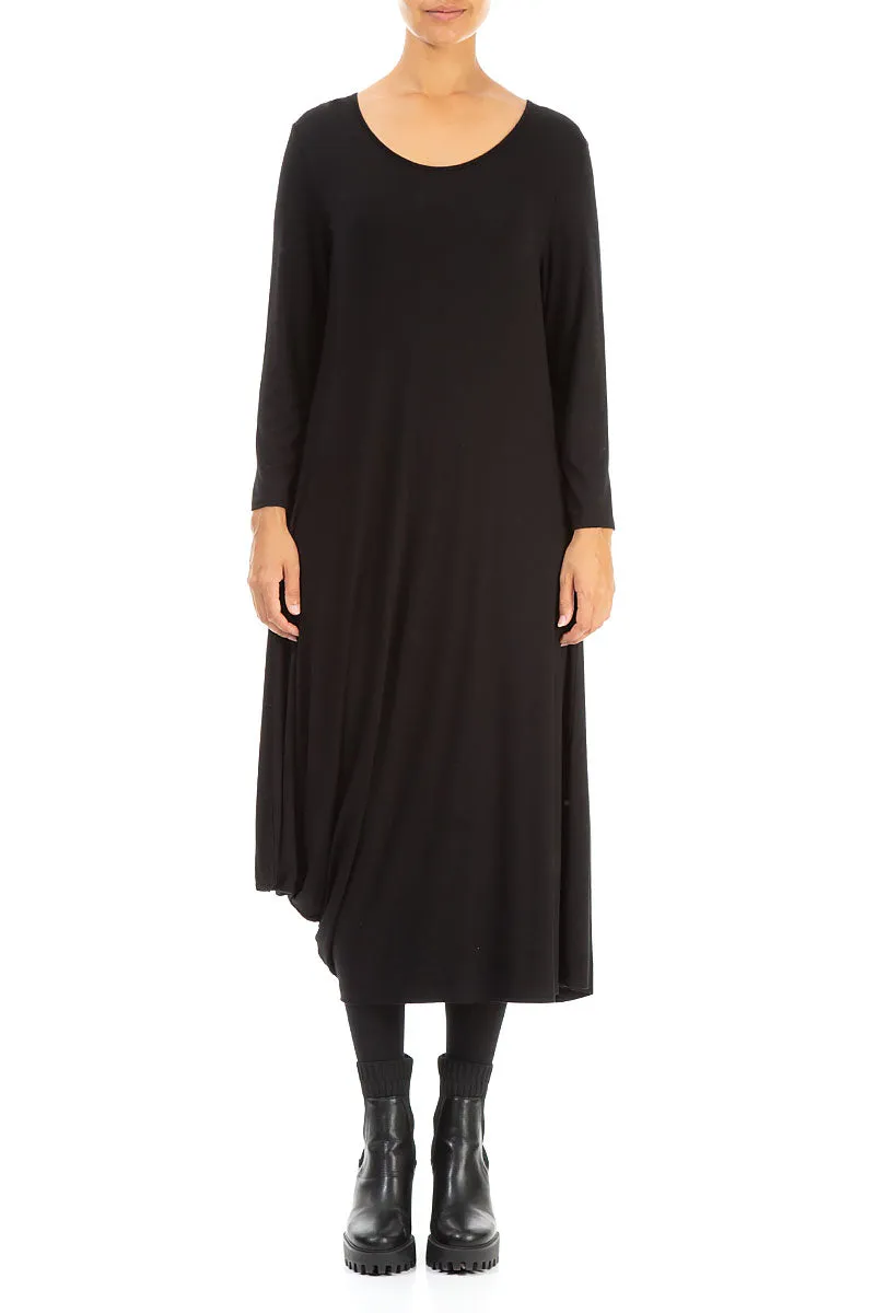 Draped Side Black Cotton Dress