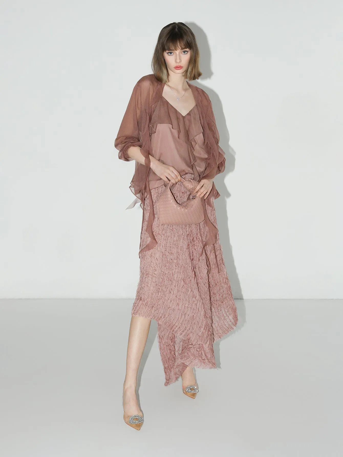 Dusty Pink Pleated Asymmetrical A-Line Chiffon Skirt