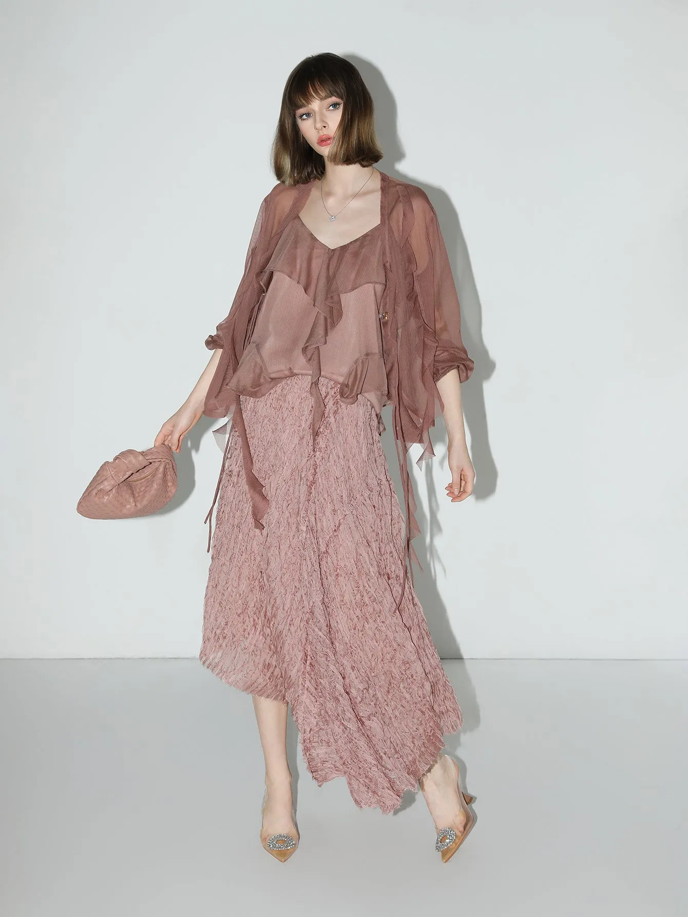 Dusty Pink Pleated Asymmetrical A-Line Chiffon Skirt