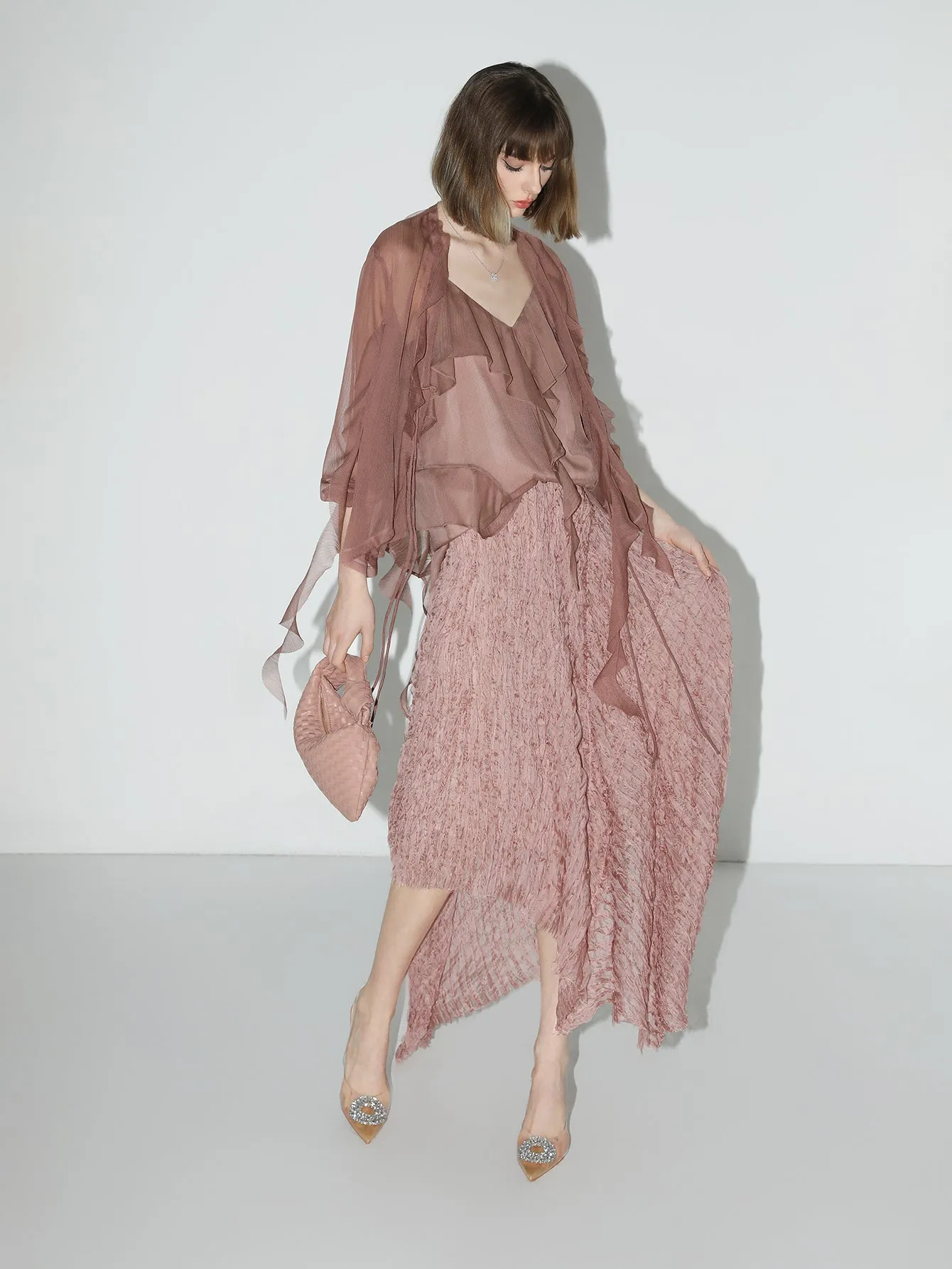 Dusty Pink Pleated Asymmetrical A-Line Chiffon Skirt