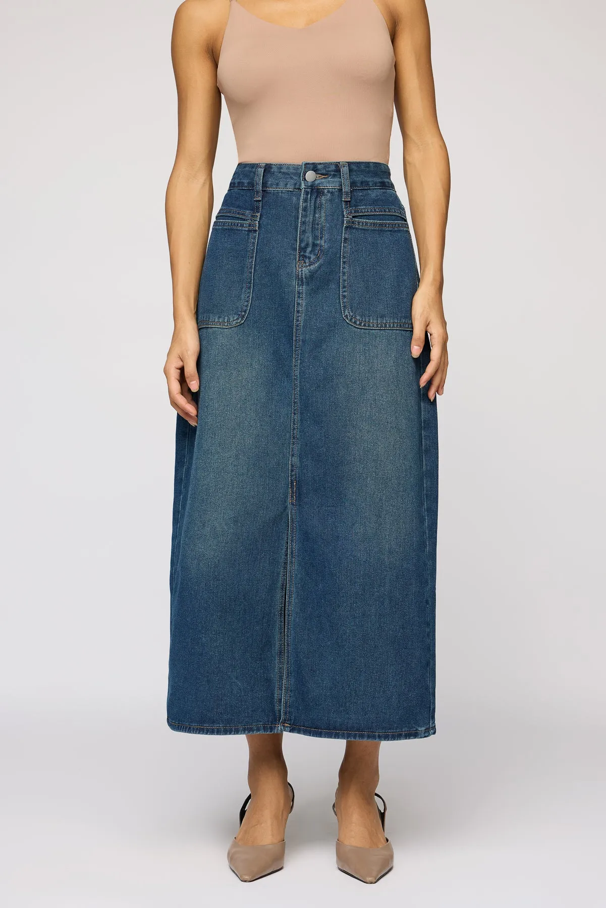 Eden Blue Front Slit Denim Midi Skirt