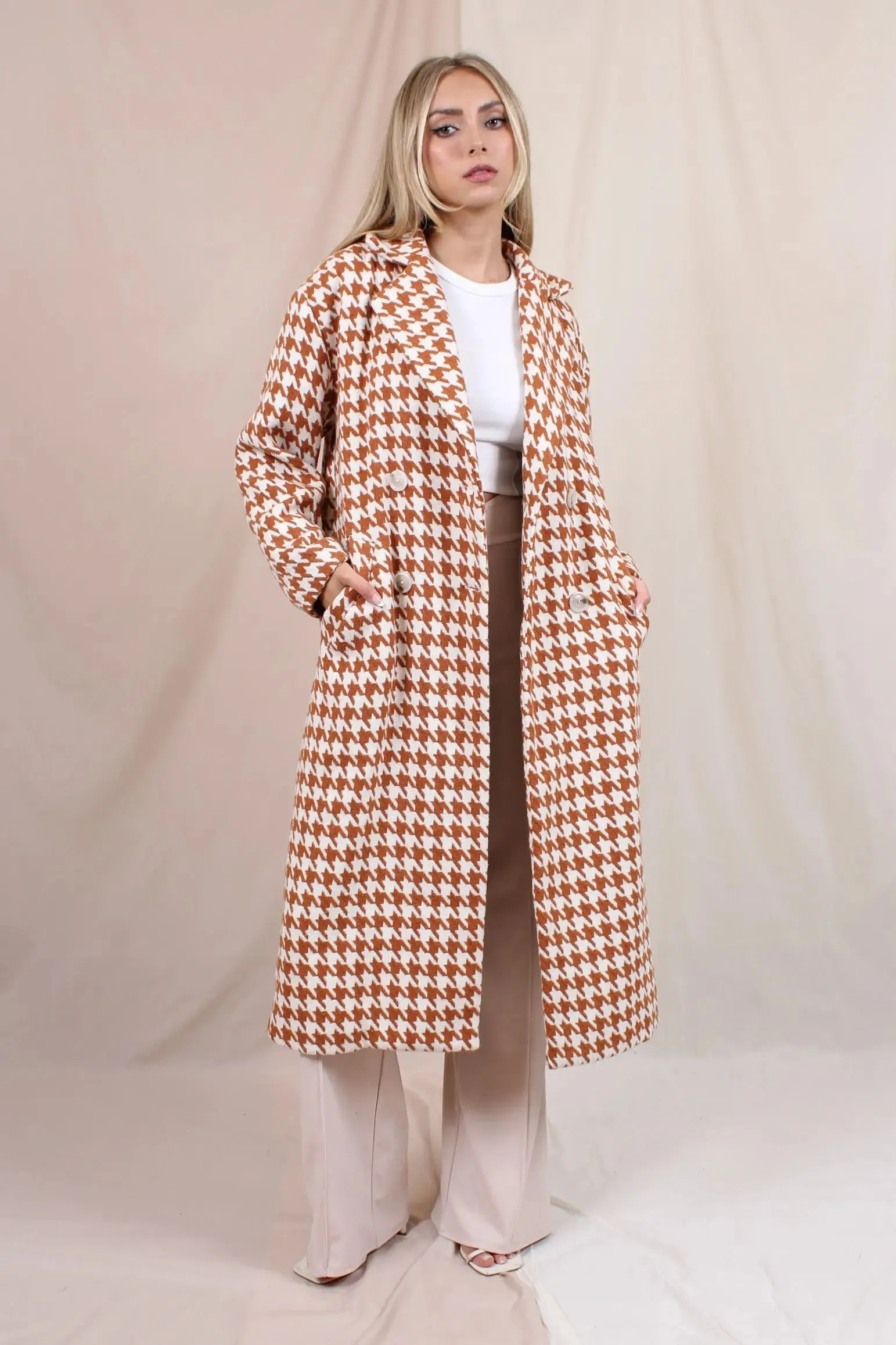 Elegant Houndstooth Long Line Coat