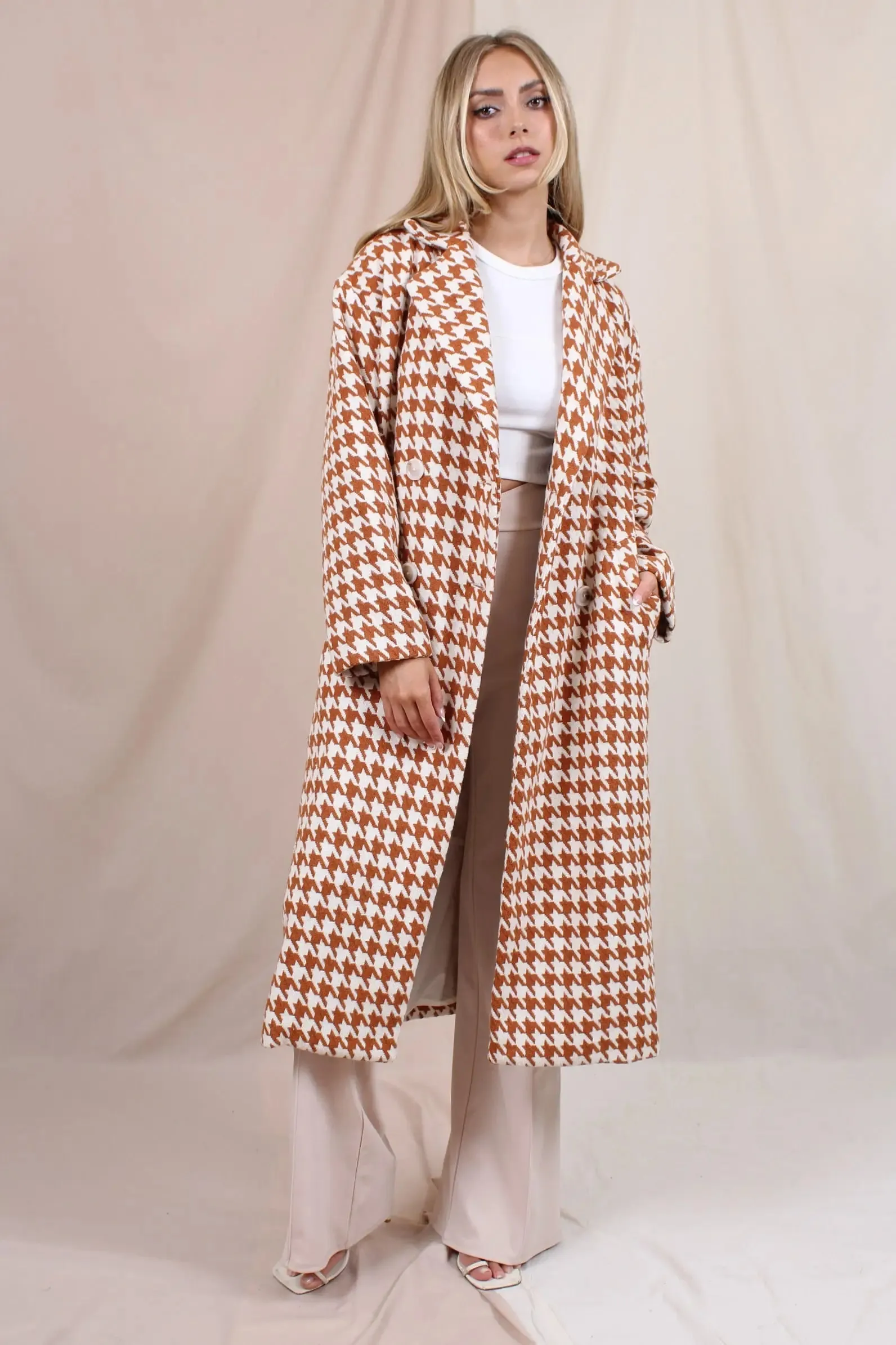 Elegant Houndstooth Long Line Coat