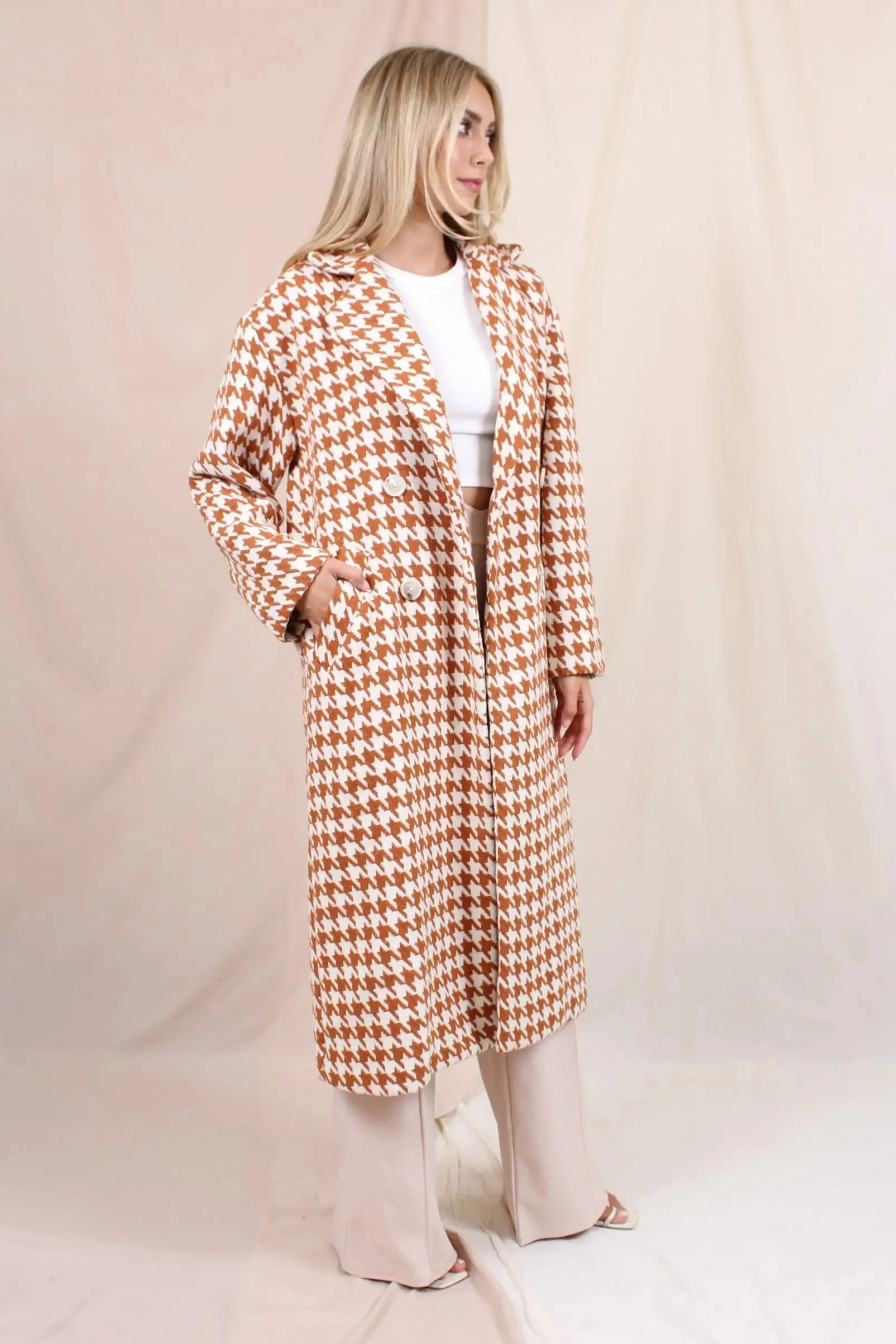 Elegant Houndstooth Long Line Coat