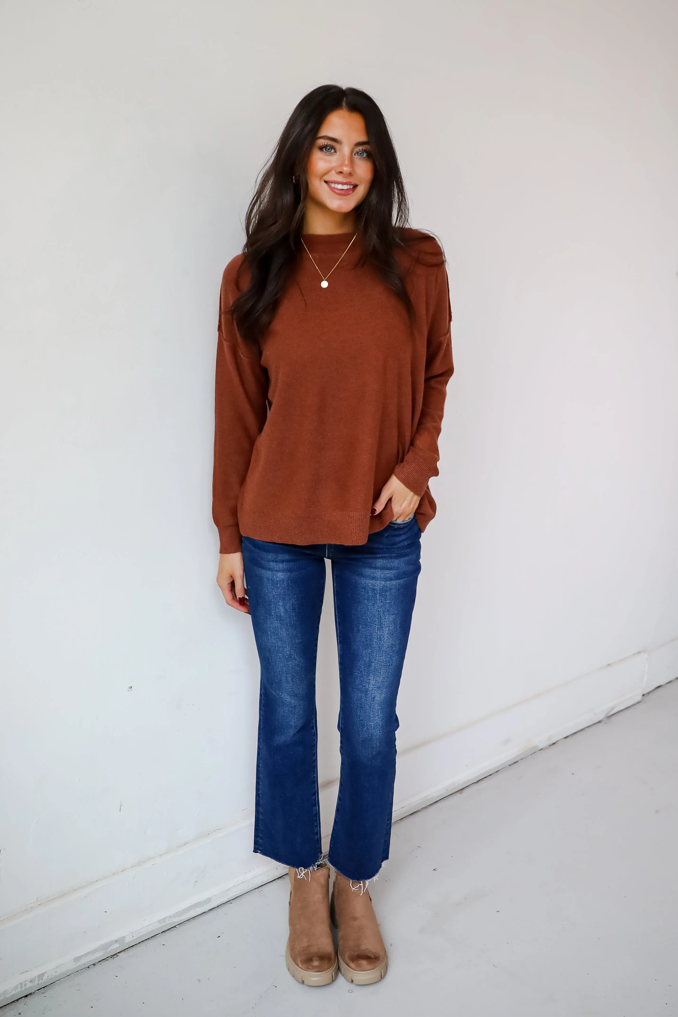 FINAL SALE - Cozy Vibes Brick Lightweight Knit Sweater