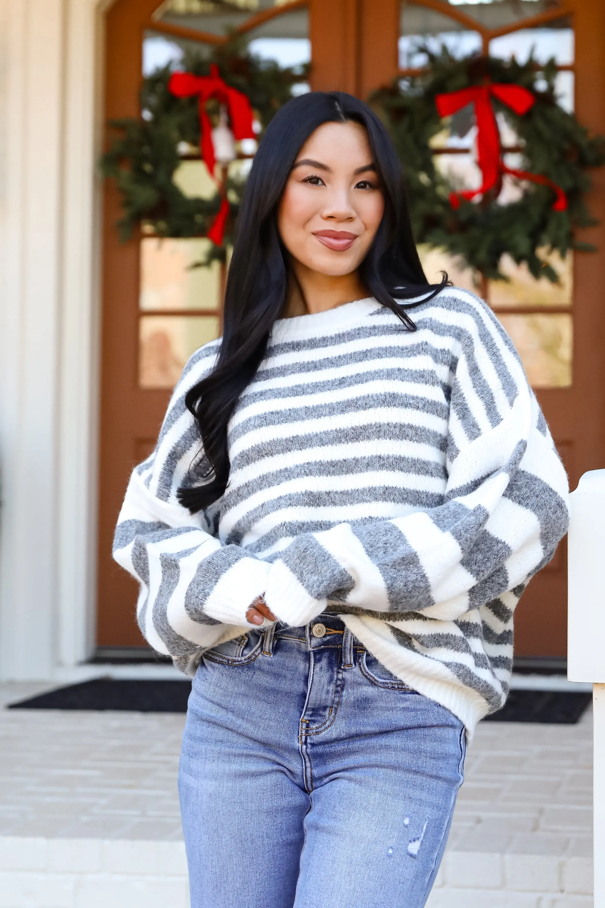 FINAL SALE - Toasty Instinct Ivory Striped Oversized Sweater