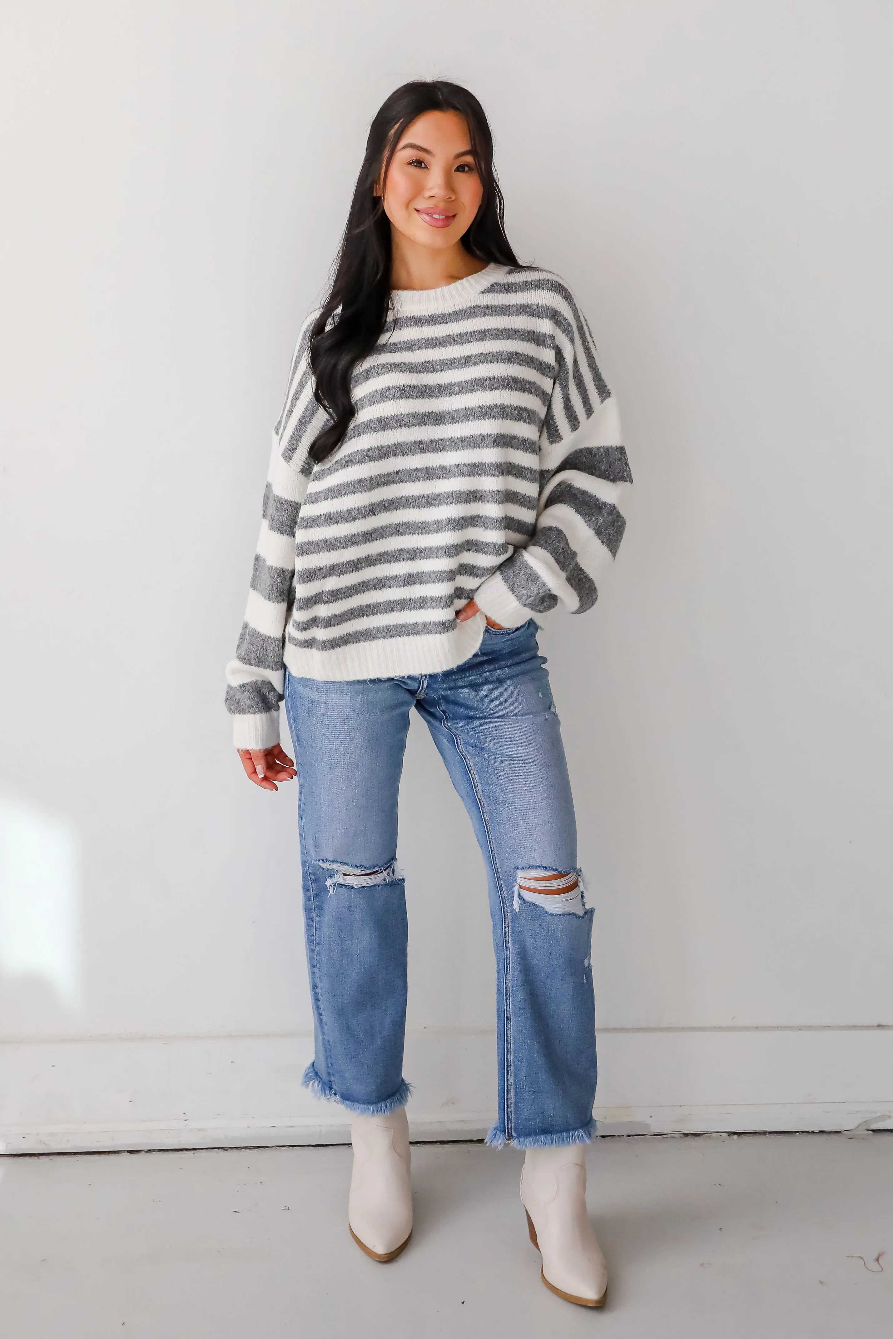 FINAL SALE - Toasty Instinct Ivory Striped Oversized Sweater