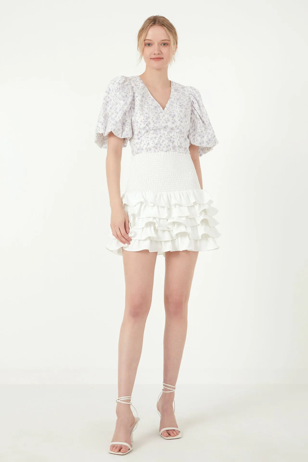 Floral Balloon Sleeve Top with Lace Texture